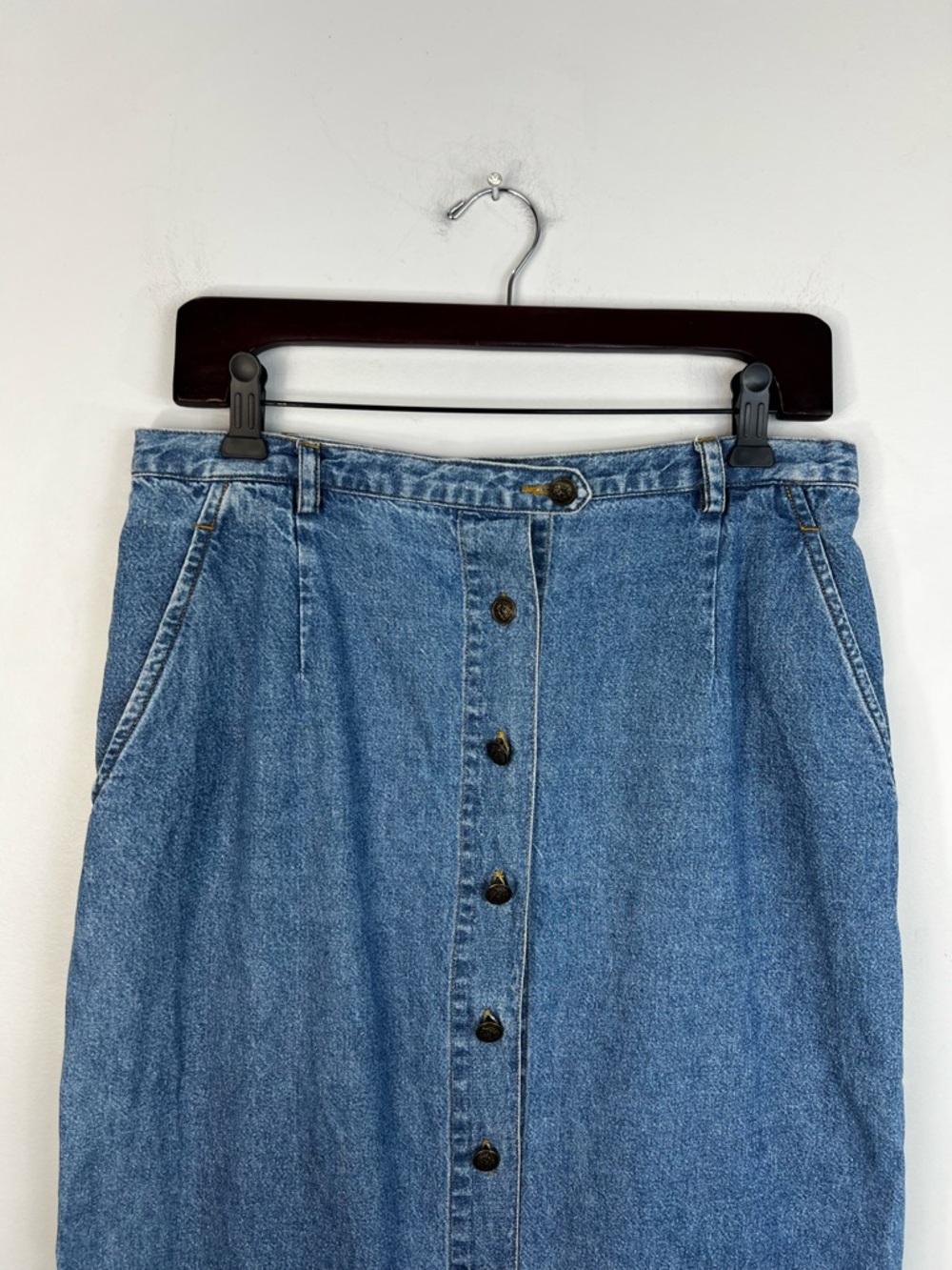 Vintage 90s cotton denim button front minimalist straight jean midi skirt 10 - Picture 5 of 12